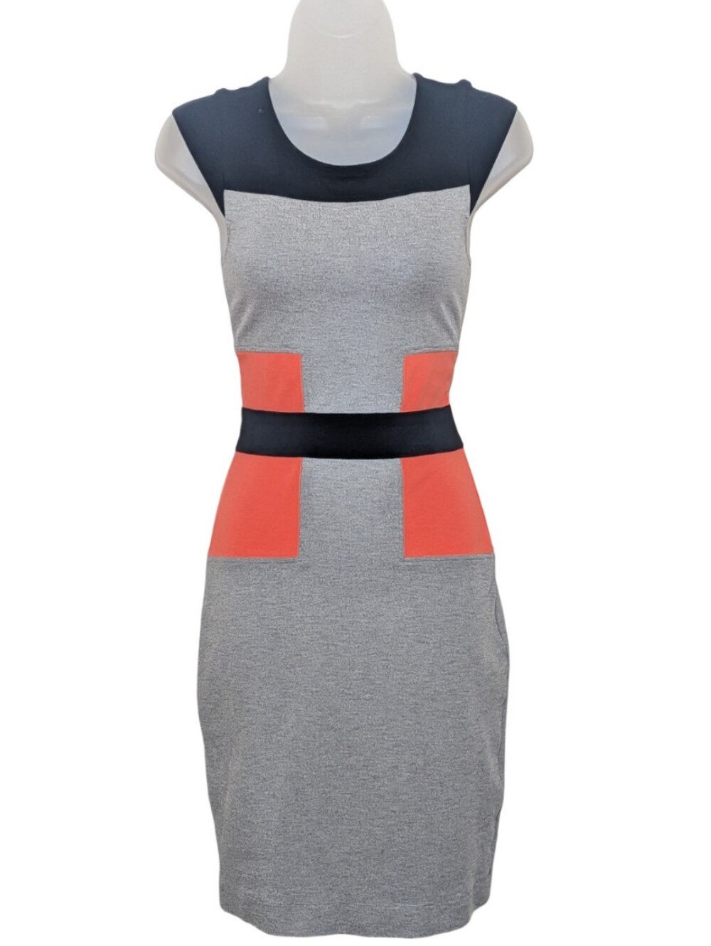 French Connection Grey Colorblock Midi Dress with Coral Accents